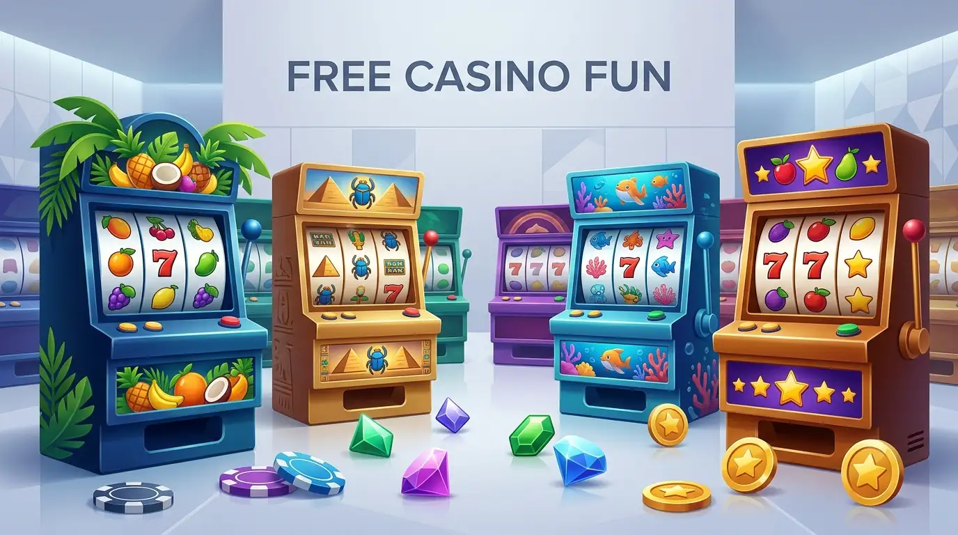 Original illustration of colourful generic social-casino slot reels and virtual chips
