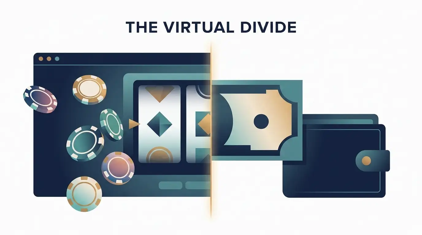Illustration separating virtual casino chips from withdrawable cash