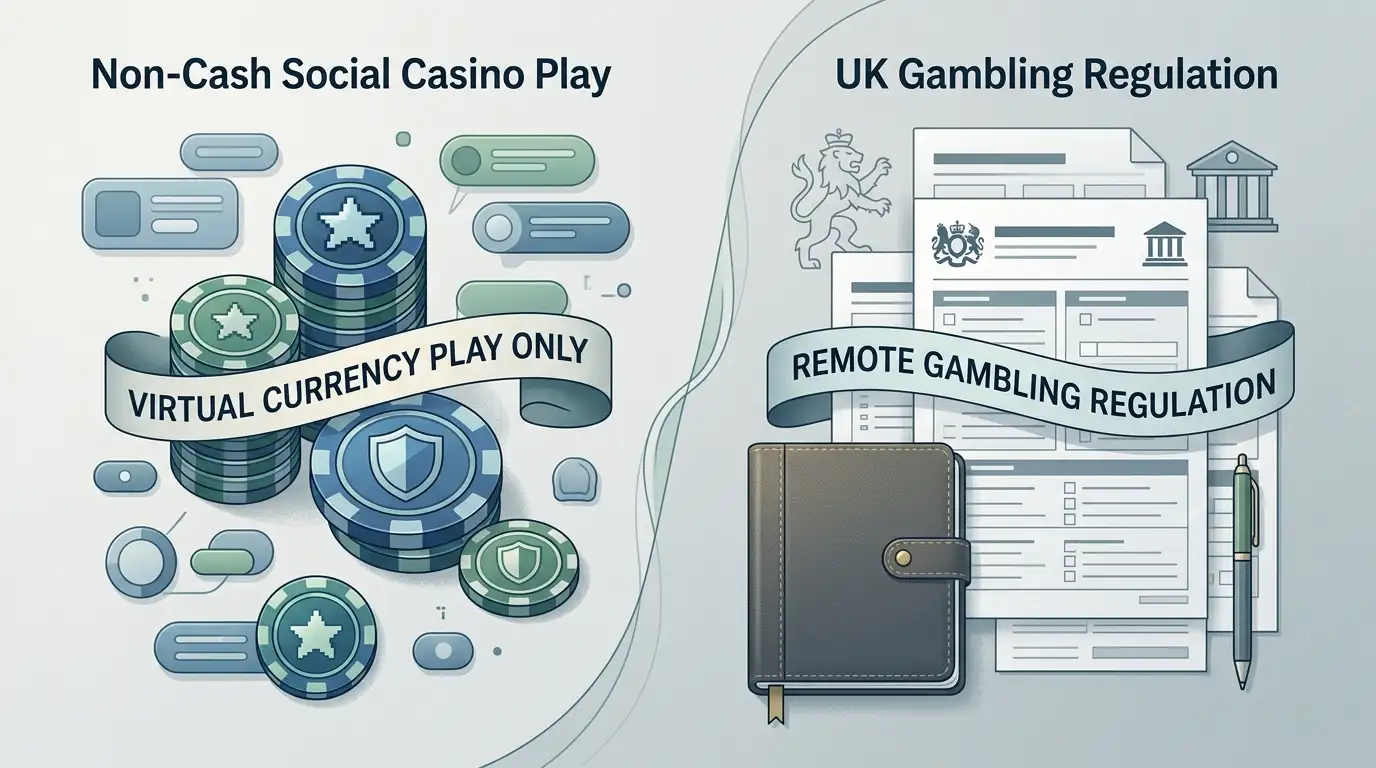 Illustration separating a UK regulatory document from non-cash social casino chips