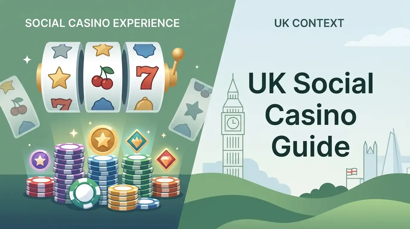 Conceptual UK social casino guide with virtual chips separated from pound coins