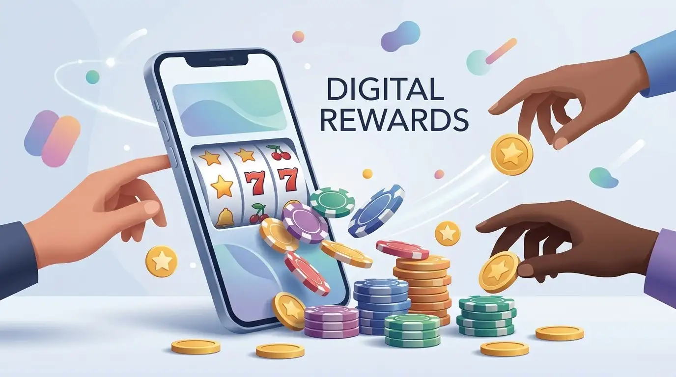 Conceptual illustration of virtual casino chips and reward symbols with no cash value
