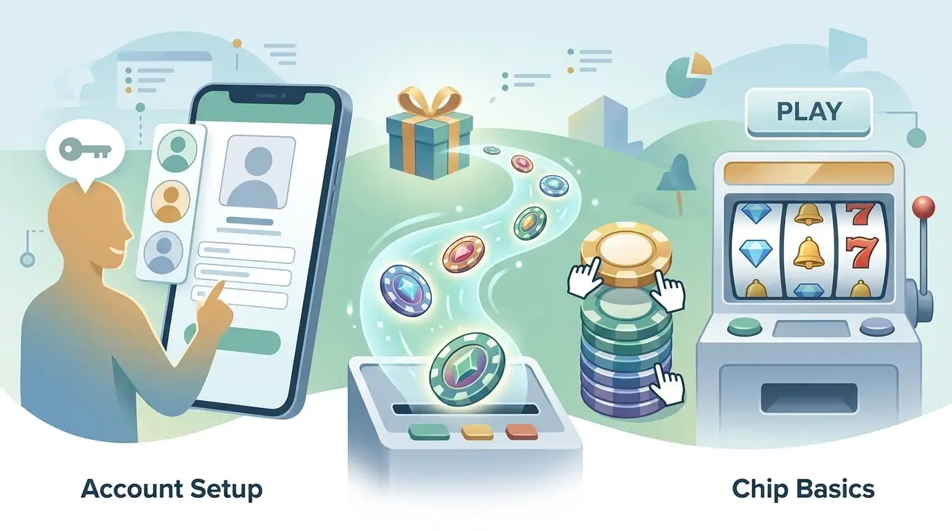 Conceptual illustration of free-play social casino chips and a mobile device with no brand interface