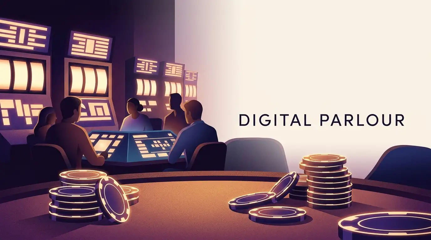Conceptual social casino scene with slot-style lights and virtual chips