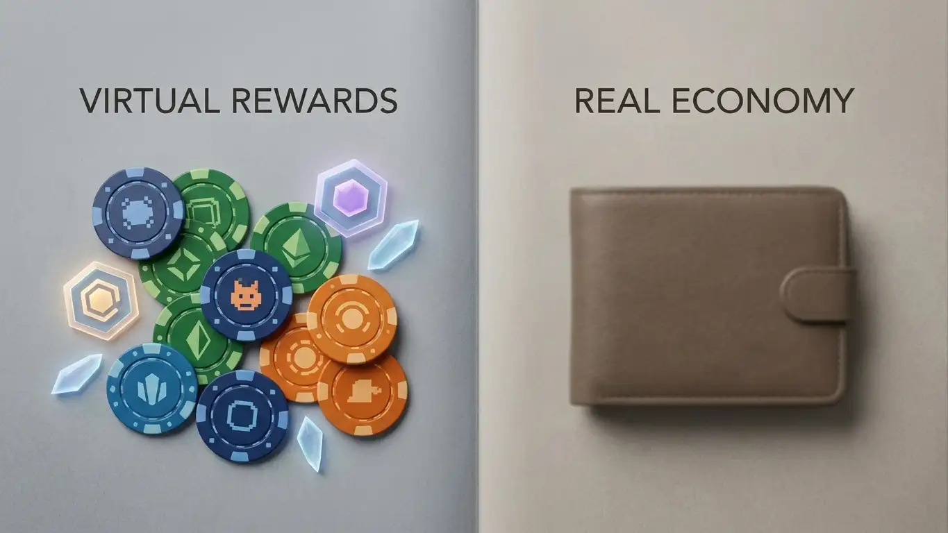 Illustration separating virtual game chips from British pound cash