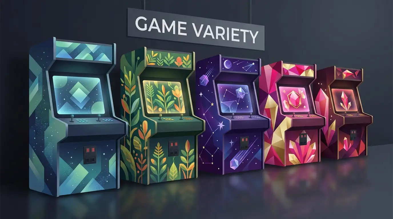 Editorial illustration of varied fictional slot cabinets without logos or game titles