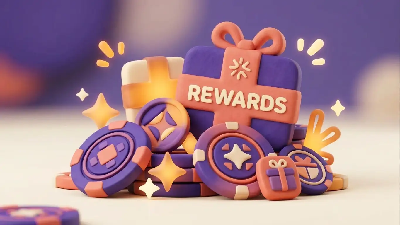 Abstract pile of virtual chips and gift icons in a playful casino-inspired setting